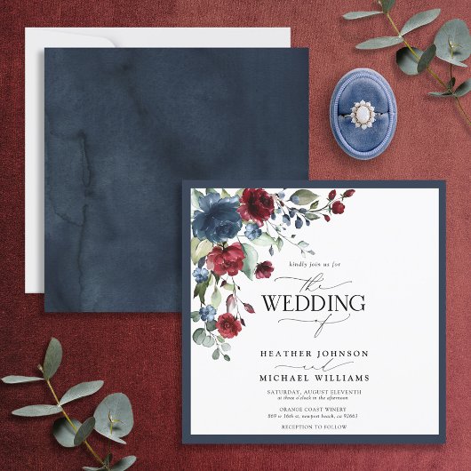 Navy Blue Burgundy Floral Waterverf Script Kaart