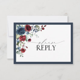 Navy Blue Burgundy Floral Waterverf Script RSVP