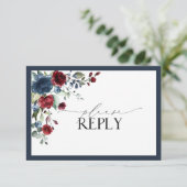 Navy Blue Burgundy Floral Waterverf Script RSVP (Staand voorkant)