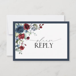 Navy Blue Burgundy Floral Waterverf Script RSVP Kaartje