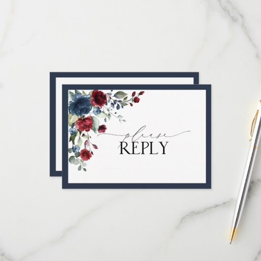 Navy Blue Burgundy Floral Waterverf Script RSVP Kaartje (Voorkant / Achterkant in situ)