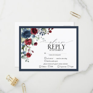 Navy Blue Burgundy Floral Waterverf Script RSVP Uitnodiging Briefkaart