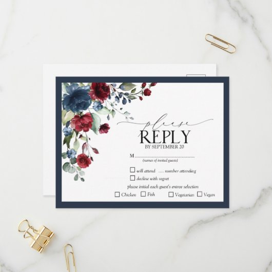 Navy Blue Burgundy Floral Waterverf Script RSVP Uitnodiging Briefkaart (Voorkant / Achterkant in situ)
