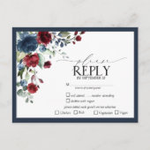 Navy Blue Burgundy Floral Waterverf Script RSVP Uitnodiging Briefkaart (Voorkant)