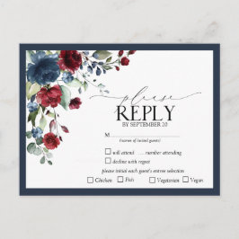 Navy Blue Burgundy Floral Waterverf Script RSVP Uitnodiging Briefkaart
