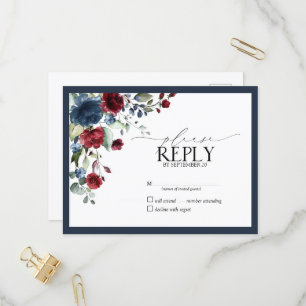 Navy Blue Burgundy Floral Waterverf Script RSVP Uitnodiging Briefkaart