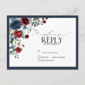 Navy Blue Burgundy Floral Waterverf Script RSVP Uitnodiging Briefkaart (Voorkant)