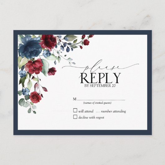 Navy Blue Burgundy Floral Waterverf Script RSVP Uitnodiging Briefkaart (Voorkant)