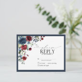 Navy Blue Burgundy Floral Waterverf Script RSVP Uitnodiging Briefkaart (Staand voorkant)