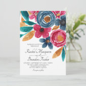 Navy Blue Burgundy Floral Waterverf Wedding Kaart (Staand voorkant)