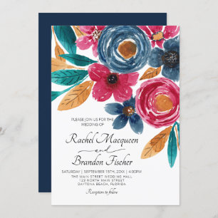 Navy Blue Burgundy Floral Waterverf Wedding Kaart