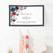 Navy Blue Burgundy Floral Waterverf Welkom Spandoek (Insitu)