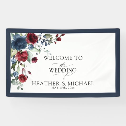 Navy Blue Burgundy Floral Waterverf Welkom Spandoek (Horizontaal)