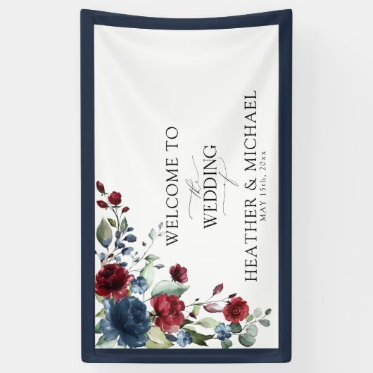 Navy Blue Burgundy Floral Waterverf Welkom Spandoek (Verticaal)