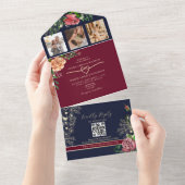Navy Blue Burgundy Floral Wedding All In One Uitnodiging (Afscheurbaar)