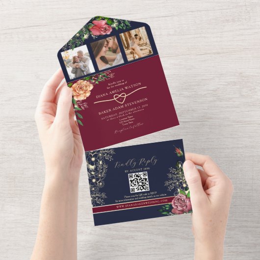 Navy Blue Burgundy Floral Wedding All In One Uitnodiging (Afscheurbaar)