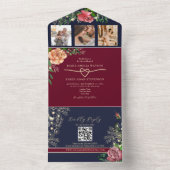 Navy Blue Burgundy Floral Wedding All In One Uitnodiging (Binnen)