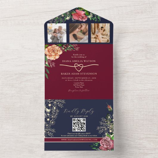 Navy Blue Burgundy Floral Wedding All In One Uitnodiging (Binnen)