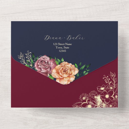 Navy Blue Burgundy Floral Wedding All In One Uitnodiging (Achterkant)
