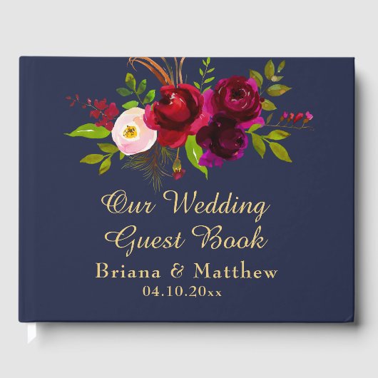 Navy Blue Burgundy Floral Wedding Gastenboek (Voorkant)