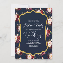 Navy blue Burgundy Floral Wedding Invitation Kaart