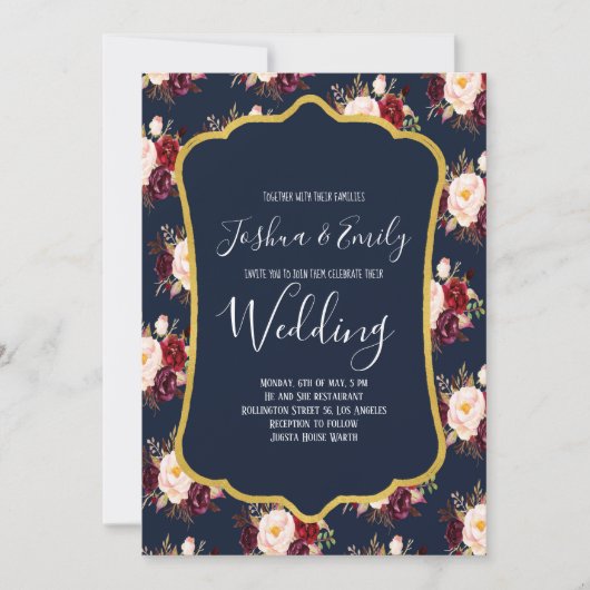 Navy blue Burgundy Floral Wedding Invitation Kaart (Voorkant)