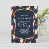 Navy blue Burgundy Floral Wedding Invitation Kaart (Staand voorkant)