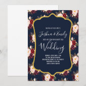 Navy blue Burgundy Floral Wedding Invitation Kaart (Voorkant / Achterkant)