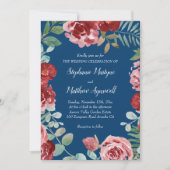 Navy Blue Burgundy Floral Wedding Kaart (Voorkant)