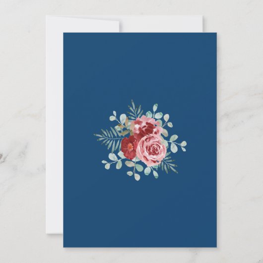 Navy Blue Burgundy Floral Wedding Kaart (Achterkant)