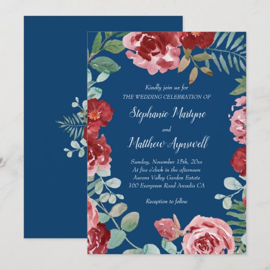 Navy Blue Burgundy Floral Wedding Kaart (Voorkant / Achterkant)