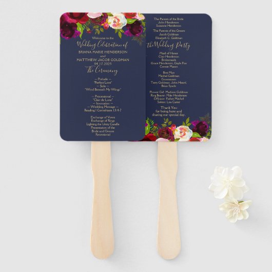 Navy Blue Burgundy Floral Wedding Programme Hand F Handwaaier (Voorkant en achterkant)