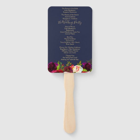 Navy Blue Burgundy Floral Wedding Programme Hand F Handwaaier (Achterkant)
