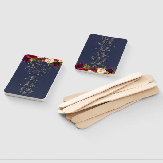 Navy Blue Burgundy Floral Wedding Programme Hand F Handwaaier (Niet-gemonteerd)