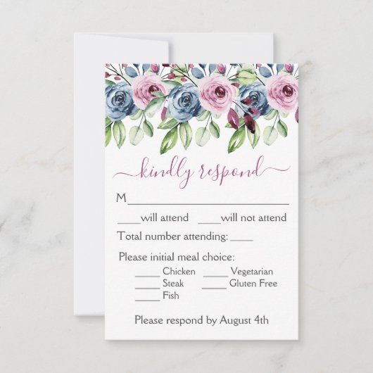 Navy Blue Burgundy Floral Wedding RSVP Kaartje (Voorkant)