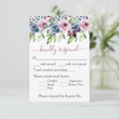 Navy Blue Burgundy Floral Wedding RSVP Kaartje (Staand voorkant)