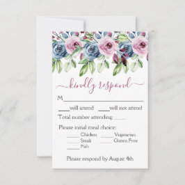 Navy Blue Burgundy Floral Wedding RSVP Kaartje