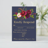 Navy Blue Burgundy Floral Wedding RSVP Kaartje (Staand voorkant)