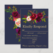 Navy Blue Burgundy Floral Wedding RSVP Kaartje (Voorkant / Achterkant)