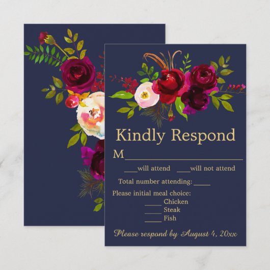 Navy Blue Burgundy Floral Wedding RSVP Kaartje (Voorkant / Achterkant)