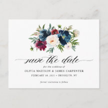 Navy Blue Burgundy Floral Wedding Save the Date