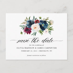 Navy Blue Burgundy Floral Wedding Save the Date Aankondigingskaart