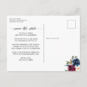 Navy Blue Burgundy Floral Wedding Save the Date Aankondigingskaart (Achterkant)