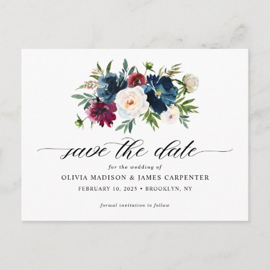 Navy Blue Burgundy Floral Wedding Save the Date Aankondigingskaart (Voorkant)