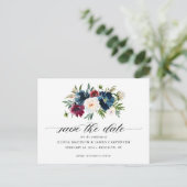 Navy Blue Burgundy Floral Wedding Save the Date Aankondigingskaart (Staand voorkant)