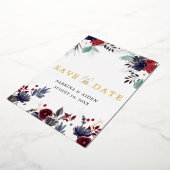 Navy Blue Burgundy Floral Wedding Save the Date Folie Uitnodiging (Gedraaid)