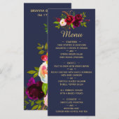 Navy Blue Burgundy Floral Weduwschap Menu (Voorkant / Achterkant)