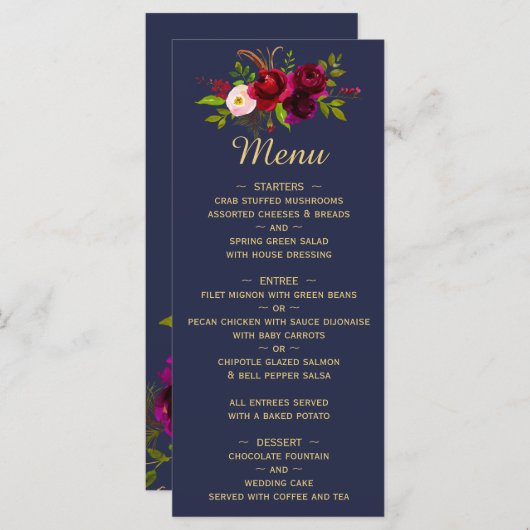 Navy Blue Burgundy Floral Weduwschap Menu (Voorkant / Achterkant)