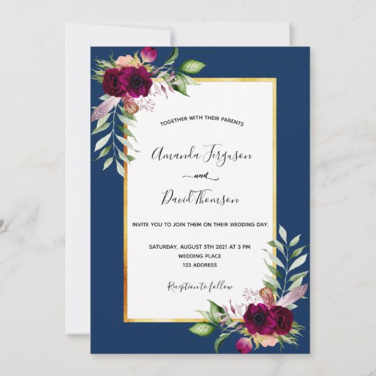 Navy blue burgundy florals Gold boho bruiloft Kaart (Voorkant)