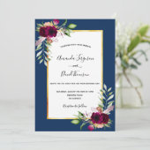 Navy blue burgundy florals Gold boho bruiloft Kaart (Staand voorkant)